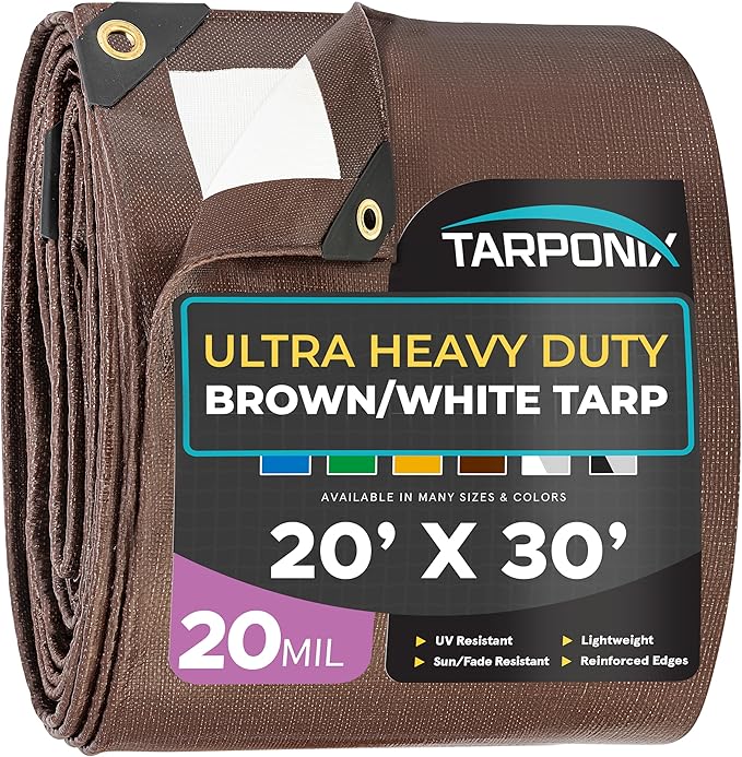20' x 30' Ultra Heavy Duty Tarp – 20 Mil Brown/White Waterproof Outdoor Cover, UV Protection, Reinforced Corners, Ideal for Camping, Tent, and Outdoor Use