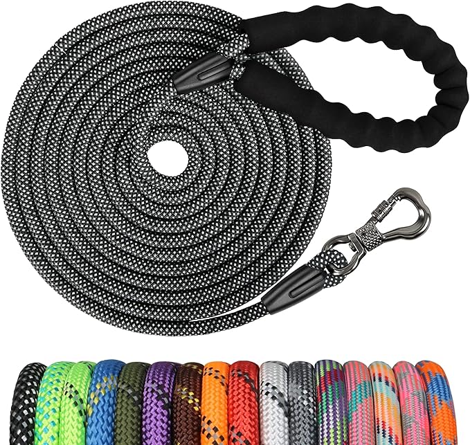 NTR Long Dog Leash, 20FT Check Cord with Swivel Lockable Hook and Comfortable Padded Handle for Reflective Dog Leash for Small Medium and Large Dogs Walking Training Hiking Camping Playing