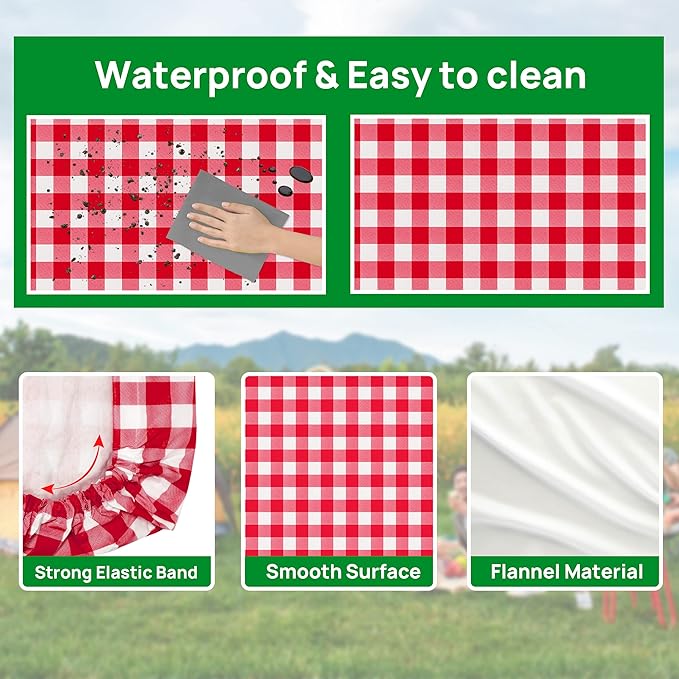 RNOONY Vinyl Fitted Picnic Table Cover with Bench Covers and Bag, 6ft Outdoor Waterproof Picnic Tablecloth with Elastic Edges, 72x30 Inches 3 Pcs Set (Red Checkered)