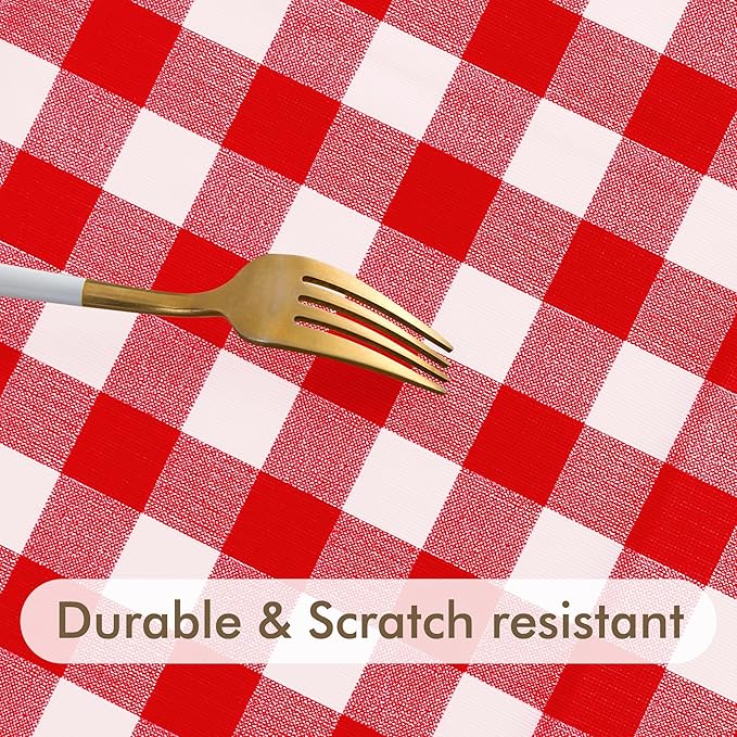 Fitable Waterproof Fitted Round Tablecloth with Elastic - 2 Pack Gingham Vinyl Tablecloth with Flannel Backing Outdoor Table Cover for Picnic Party, Red and White (Fit for 57"-68" Round Tables)