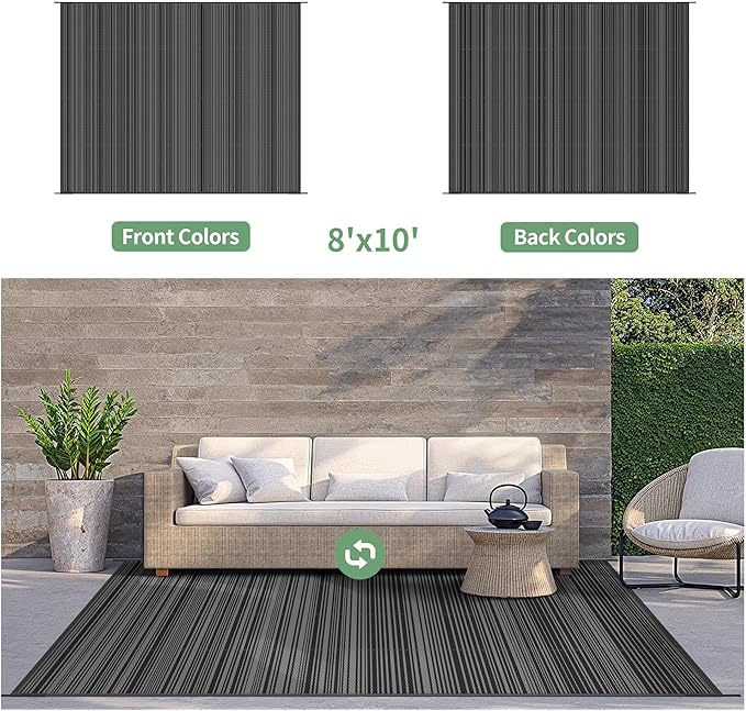 GENIMO Outdoor Rug for Patio Clearance, 8'x10' Waterproof Camping Mat, Reversible Plastic Straw Rugs for RV, Camper, Balcony, Backyard, Picnic, Deck (Black&Grey)
