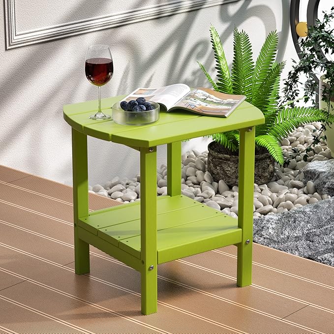 TORVA Patio Adirondack Side Table, Outdoor End Tables All-Weather Resistant HDPE Humidity-Proof Long Time Use for Deck, Lawn,Garden, Porch, Backyard End Table（Lemon Green）(2 Tier)