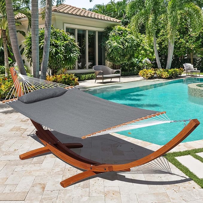 Lazy Daze 12 FT Sunbrella Fabric Hammock not Fading with Spreader Bars and Free Pillow Fits for Two Persons, All Weather and Fade Resistant for Patio Yard, 450 lbs Weight Capacity,Cast Slate