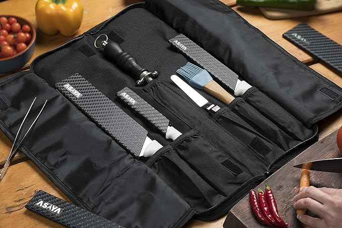 Asaya Chef Knife Roll Bag - 12 Pockets for Knives and Kitchen Utensils - Lightweight, Durable, and Stain Resistant Nylon - Perfect for the Traveling Chef - Knives not Included (Red)