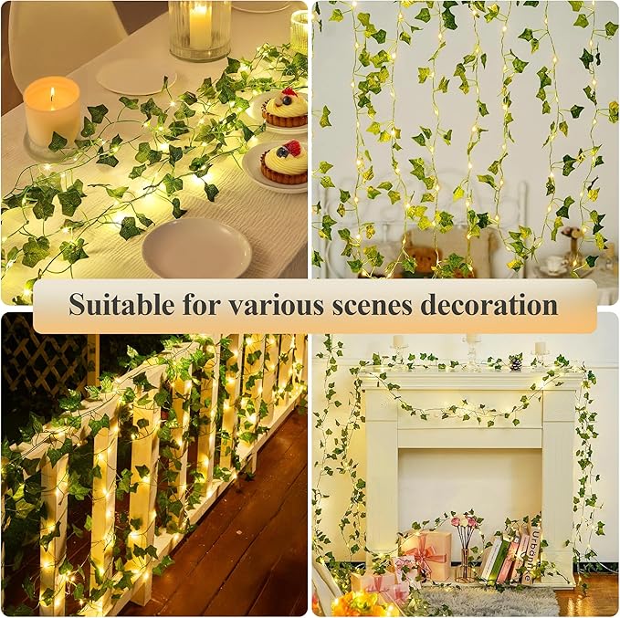 YOUNGAR Ivy Vines with Fairy Lights,Leaf String Lights Battery/USB Operated,23FT 73LED Fake for Bedroom Wall Room Wedding Birthday Garden Party Wall Room Decor (Warm White)