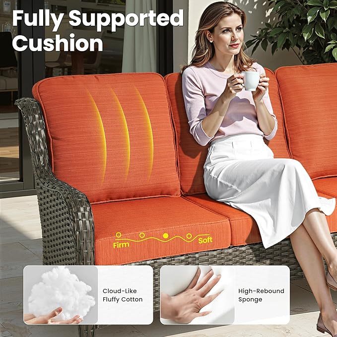 ovios 6 Pieces Patio Furniture Set, Outdoor Wicker Sofas with Glass Coffee Table and Comfy Cushions, All Weather High Back Couch Set for Deck Porch, Brown Rattan, Orange Red