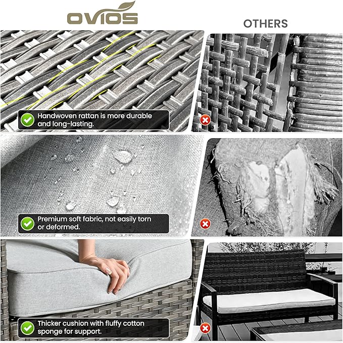 ovios 6 Pieces Patio Furniture Set with 30" Fire Pit Table, Outdoor Wicker Sofa with Comfy Cushions, All Weather High Back Rattan Couch Conversation Set, Grey