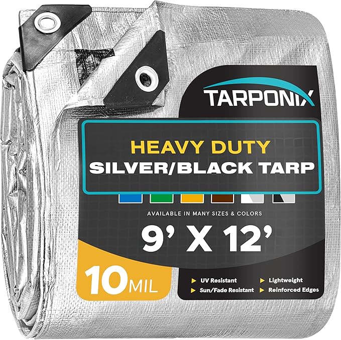 9' x 12' Dual-Sided Heavy-Duty Tarp – 10 Mil Tear-Resistant Silver & Black Cover with Reinforced Edges and Anti-Rust Grommets