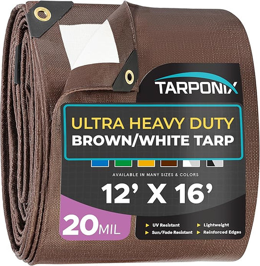 12' x 16' Ultra Heavy Duty Tarp – 20 Mil Brown/White Waterproof Outdoor Cover, UV Protection, Reinforced Corners, Ideal for Camping, Tent, and Outdoor Use