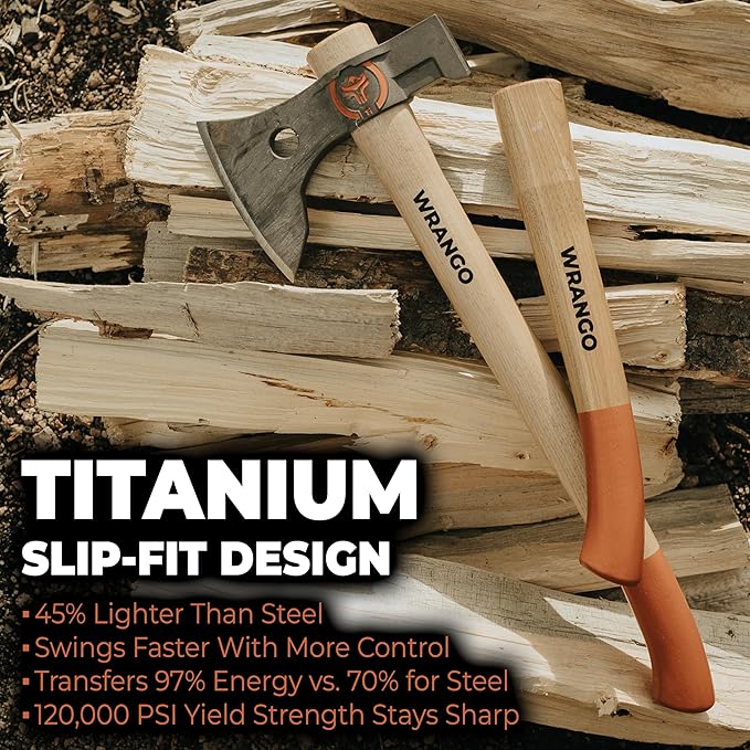 Wrangler Tools - Titanium Camping Axe - 18" & 11.5" Wood Hickory Handles - Tomahawk Axe Hammer End - 2-Piece Slip-Fit Design - Includes Blade Sheath and 2 Handles - Survival Axe