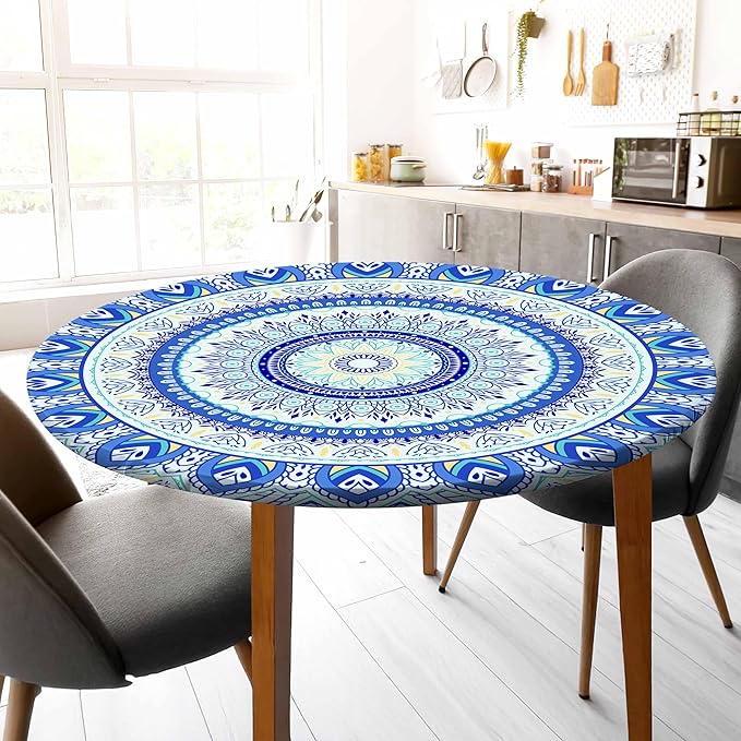 Round Tablecloth Fitted Elastic Table Cover Waterproof Table Cloth for Dinner, Party, Picnic,Camping, Round Table Cover for Indoor Outdoor