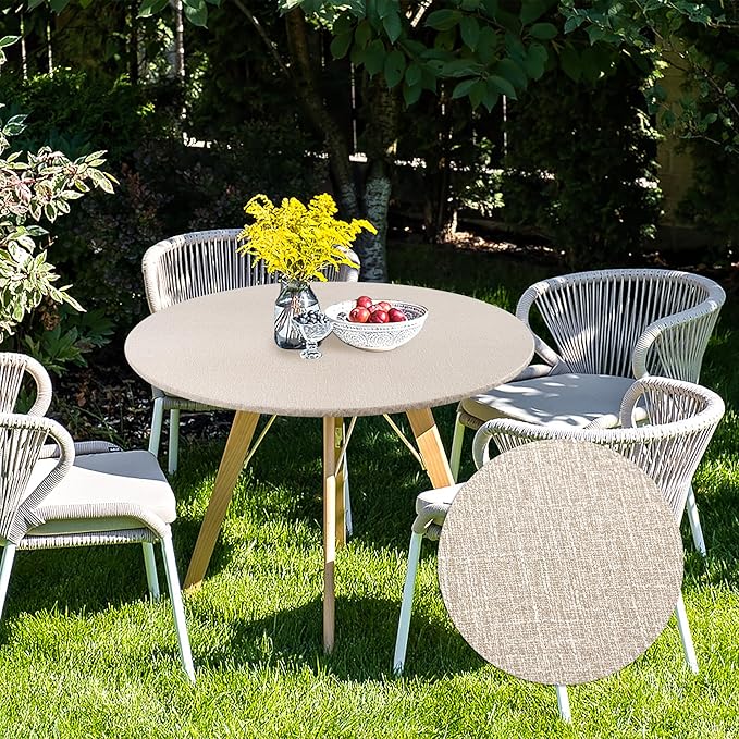 Fitable 2 Pack Faux Linen Round Table Cover with Flannel Backing, Vinyl Fitted Elastic Tablecloth Waterproof Table Cloth for Picnic, Party, Indoor Dining, Nature (Fit for 45"-56" Round Tables)