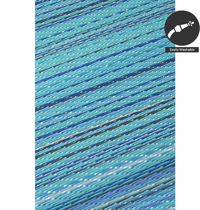 FH Home Outdoor Rug - Waterproof, Fade Resistant, Reversible - Premium Recycled Plastic - Striped - Porch, Deck, Balcony, Mudroom, Laundry Room, Patio - Havana - Turquoise Crease Free - 3 x 5 ft