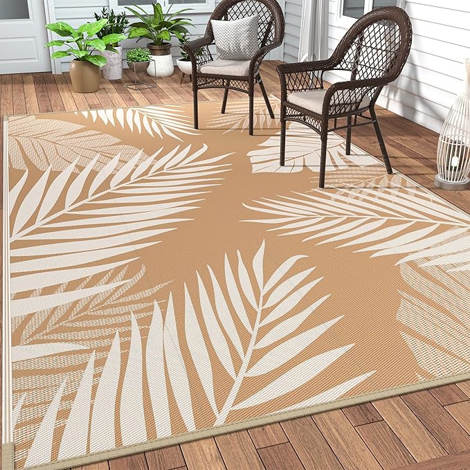 GENIMO Outdoor Rug 5' x 8' Waterproof for Patios Clearance, Reversible, Plastic Straw Camping Rug Carpet, Large Area Rugs Mats for RV, Picnic, Backyard, Deck, Balcony, Porch, Beach, Brown&Beige