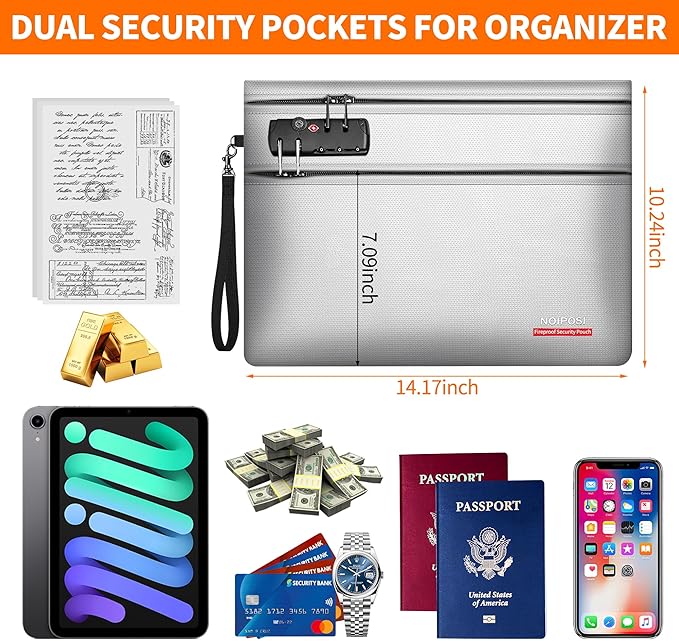 Noiposi 6400℉ Fireproof Document Bag with Lock,Dual-Zip Compartments Fireproof Money Bag for Cash and Documents,12 Layers Heat Insulated Fireproof Bag with Zipper,Protects Important Valuables(Silver)