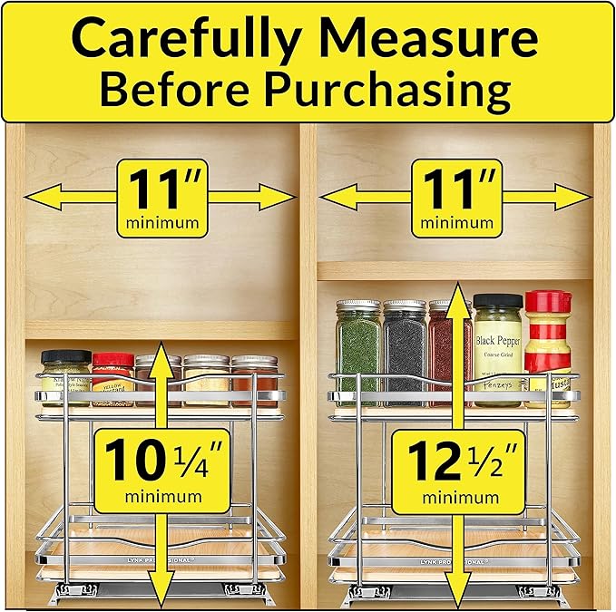 LYNK PROFESSIONAL® Élite™ Pull Out Spice Rack Organizer for Inside Kitchen Cabinets - 10-1/4 inch Wide - Slide Out Drawer – Wood/Chrome Sliding Spice Cabinet Organization Shelf Racks - 2 Tier