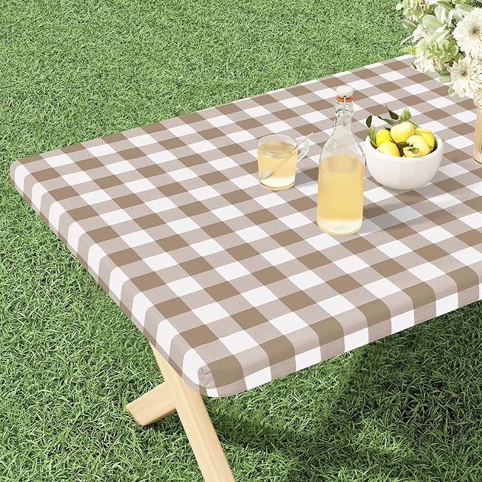 misaya Buffalo Rectangle Picnic Tablecloth, 5 Foot Elastic Fitted Vinyl Table Cloth with Flannel Backing, Waterproof Plaid Table Covers for Dining, Camping, Outdoor (Khaki and White, 36" x 60")