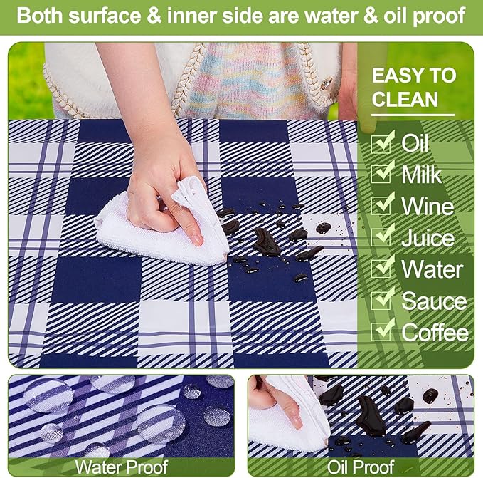 Picnic Table Cover with Bench Covers Camping Essentials Waterproof Windproof Camping Tablecloth with Drawstring Bag, Fitted Rectangle Tables and Seats, 96in, Blue Checkered