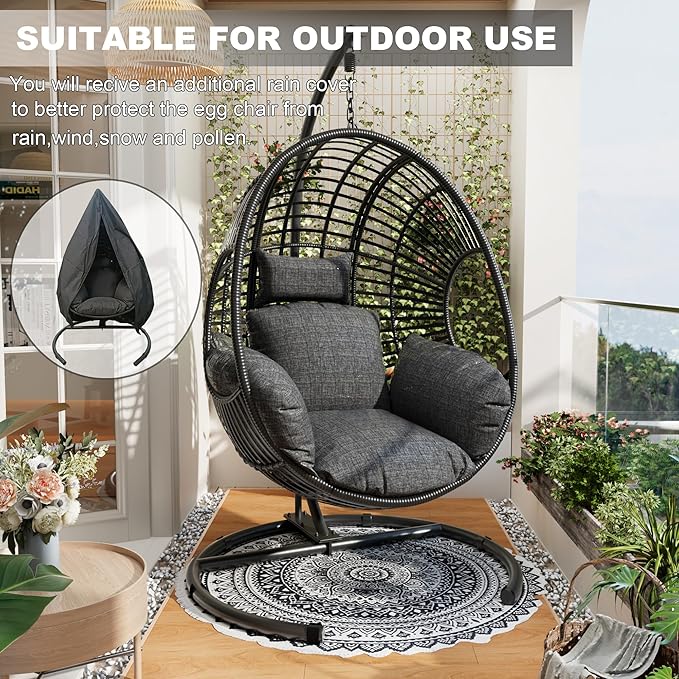 Oversized Hanging Egg Chair Set of 2 Outdoor Indoor, Wicker Swing Egg Chair with Stand 400lbs Capacity for Bedroom, Patio, Garden and Balcony