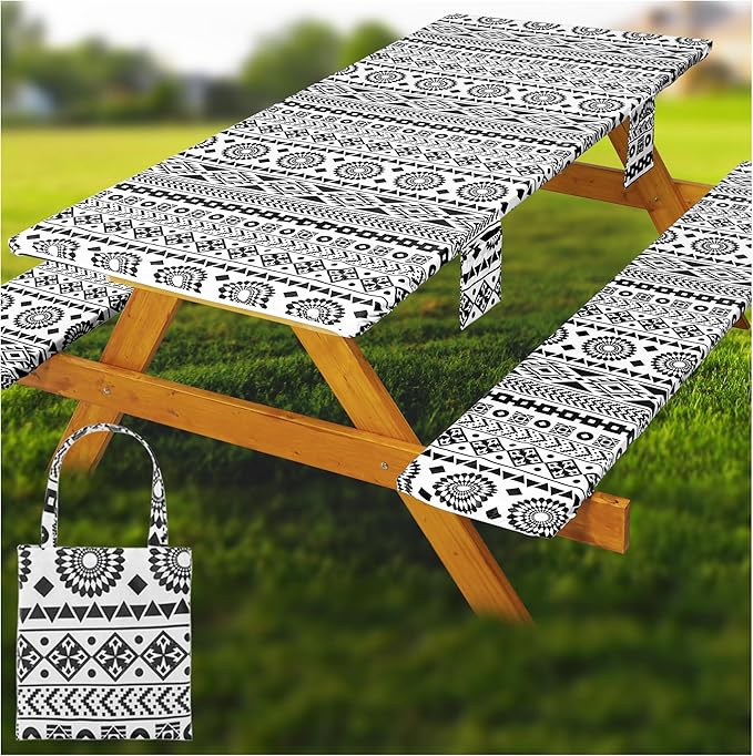 Picnic Table Cover with Bench Covers Vinyl Elastic Edges Fitted Rectangle Tables Seat Waterproof 3-Piece96X30in Set Outdoor Rectangular Folding Backing Tablecloth for Camping Over Size BlackGeometrics