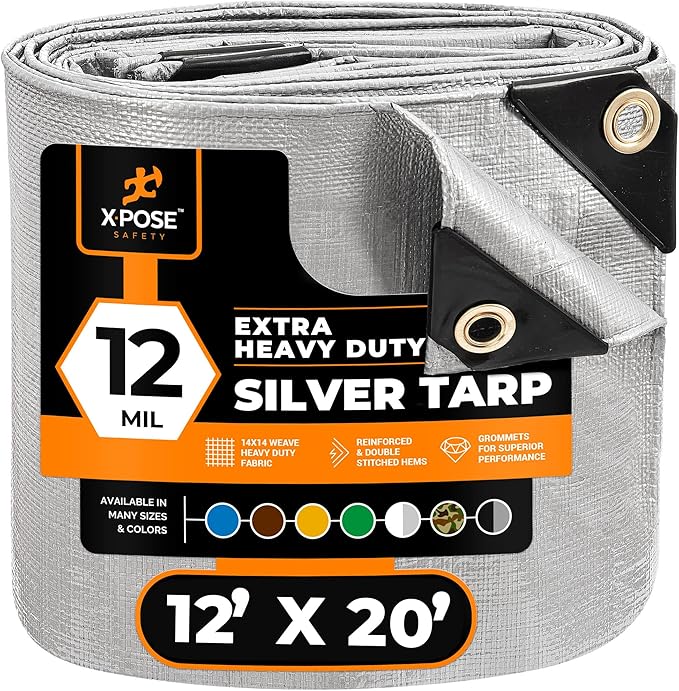 Heavy Duty Silver Poly Tarp 12' X 20' - Multipurpose Protective Cover - Durable, Waterproof, Weather Proof, Rip and Tear Resistant - Extra Thick 12 Mil Polyethylene - by Xpose Safety
