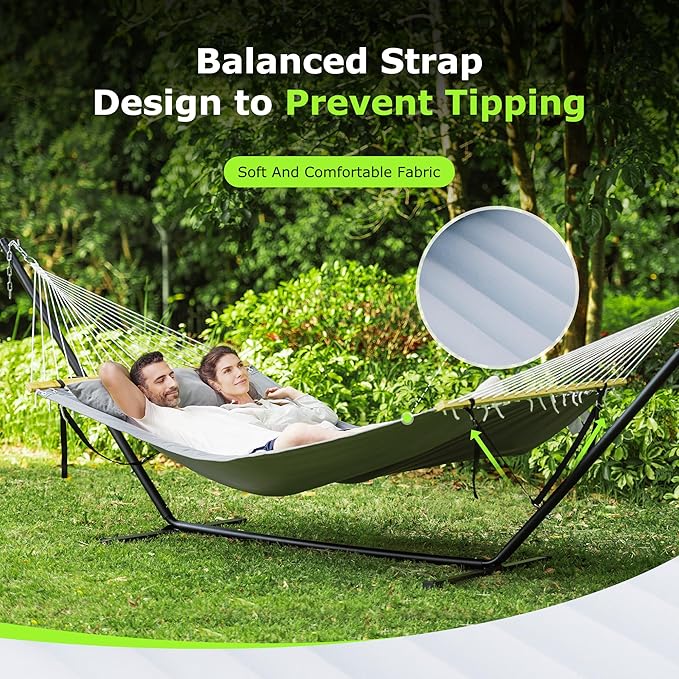 Double Hammock with Stand for Outdoor, Heavy Duty Portable Hammock with Adjustable Steel Stand for Patio, Garden, Beach, Backyard - Includes Carrying Bag,Dark Grey