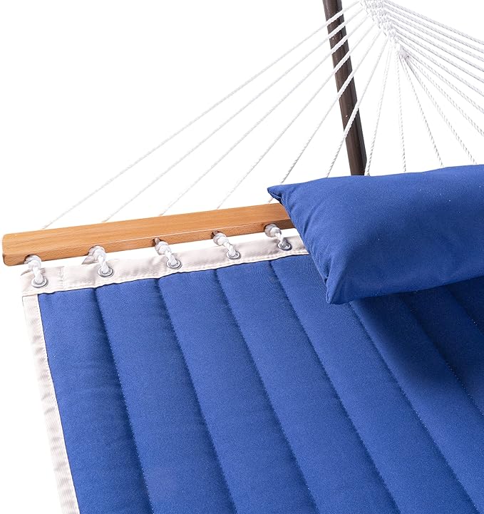 Lazy Daze Quilted Fabric Hammock with 12-Foot Stand, Double 2-Person Hammock with Pillow for Outdoor Outside Patio, Garden, Backyard, 450LB Capacity, Royal Blue
