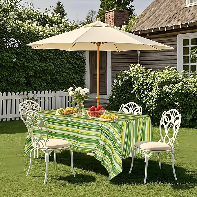 SquarePie Outdoor Tablecloth Rectangle 60x104 inch Spillproof Water Resistant Table Linen Cloth with Umbrella Hole and Zipper for Parties BBQs Host Backyard, Green Stripe