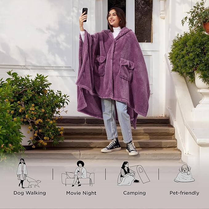 Bedsure Blanket Poncho for Women, Hooded Wearable Fleece Blanket for Adult, Winter Poncho Shawl Wrap Cape as Gifts for Mom