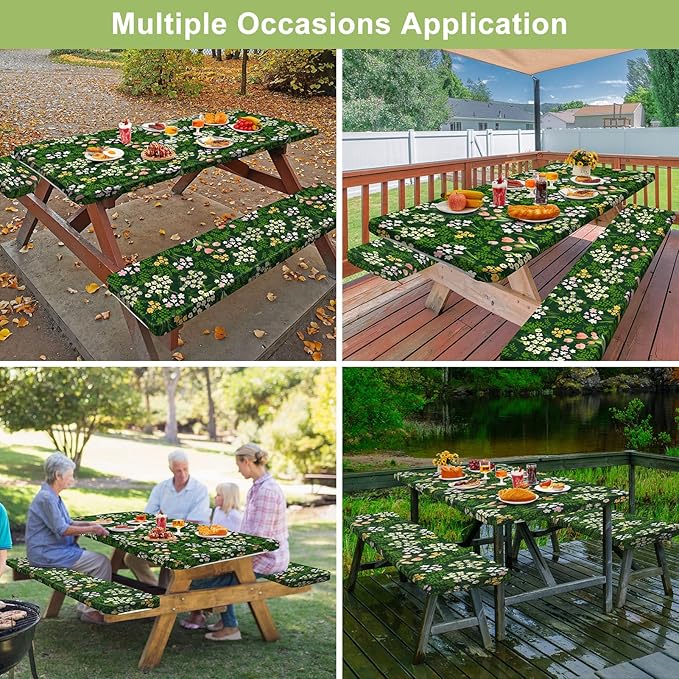 Picnic Table Cover with Bench Covers Camping Essentials Waterproof Windproof Camping Tablecloth with Drawstring Bag, Fitted Rectangle Tables and Seats, 72in, Green Pink