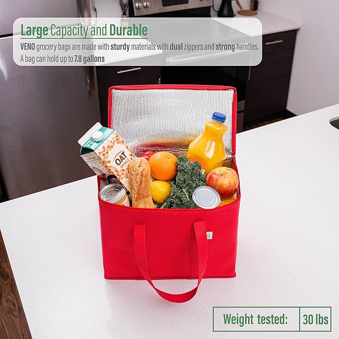 VENO 3 Pack Cooler Bag and Insulated Grocery Bags for Food Delivery, Collapsible Cooler, Reusable Shopping Bags for Groceries with zipper, Foldable, Heavy-Duty, Stands Upright (Red, 3 Pack)