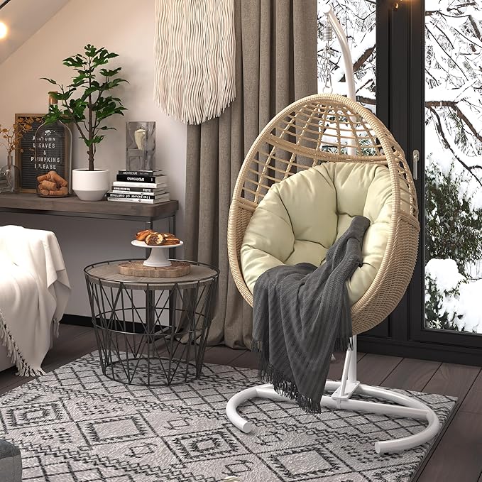 Egg Swing Chair with Stand: Hand Woven PE Rattan Hanging Chairs Hammock - Indoor Outdoor Swinging Lounger with Soft Cushion for 330lbs Patio Balcony Garden Living Room Bedroom Porch, Beige