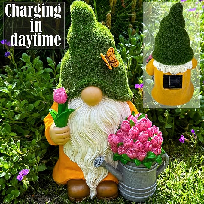 Mood Lab Garden Gnome - Solar Gnome Figurine with Tulips - 9.45 Inch Tall Flower Decor Outdoor Lawn Statue with LED Lights in Tulips