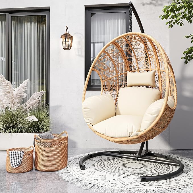 Oversized Hanging Egg Chair Outdoor Indoor, Wicker Swing Egg Chair with Stand 400lbs Capacity for Bedroom, Patio, Garden and Balcony (Beige-nest, Oversize)