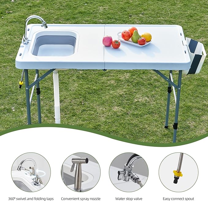 AHB 50" Folding Outdoor Fish Cleaning Table with Sink, Camping Kitchen Station Collapsible Faucet & Stainless Sprayer with 4pcs Fish Cleaning Kit for Camping, Picnic, Beach & Patio