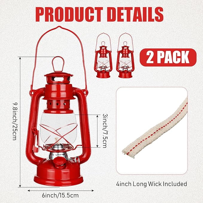 2 Pcs Hurricane Lantern 10 Inch Original Oil Burning Lantern Vintage Hanging Oil Lamp Outdoor Indoor Decorative Kerosene Fuel Lanterns for Camping Home Patio(Red)