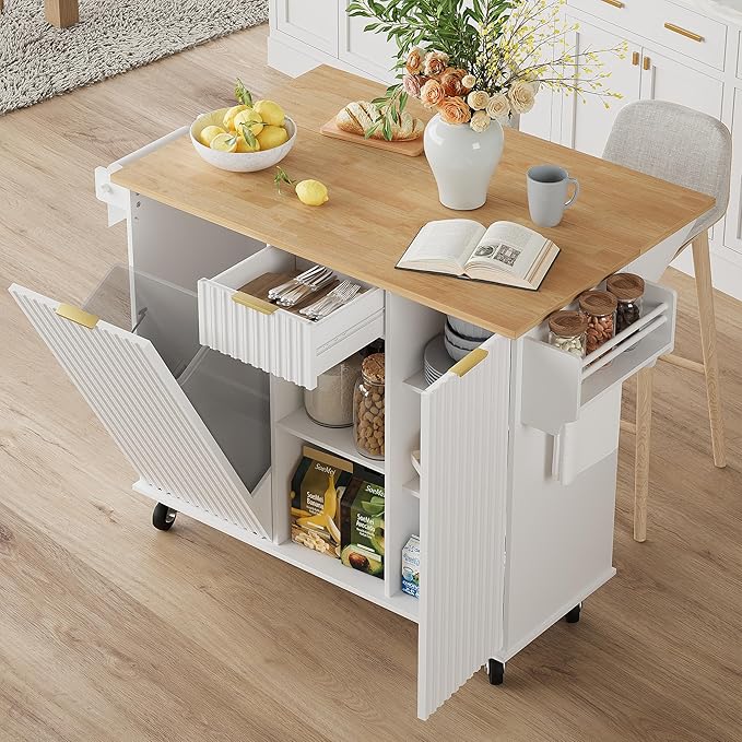 win2win Rolling Kitchen Island with Trash Can Storage, Portable Kitchen Island with Drop Leaf Breakfast Bar, Modern Farmhouse Kitchens Cart on Wheels with Fluted Design, Towel Rack, Spice Rack, White