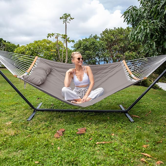 SUNCREAT Hammocks Portable Hammock with Frame, Backyard Double Hammock with Curved Spreader Bar, Brown