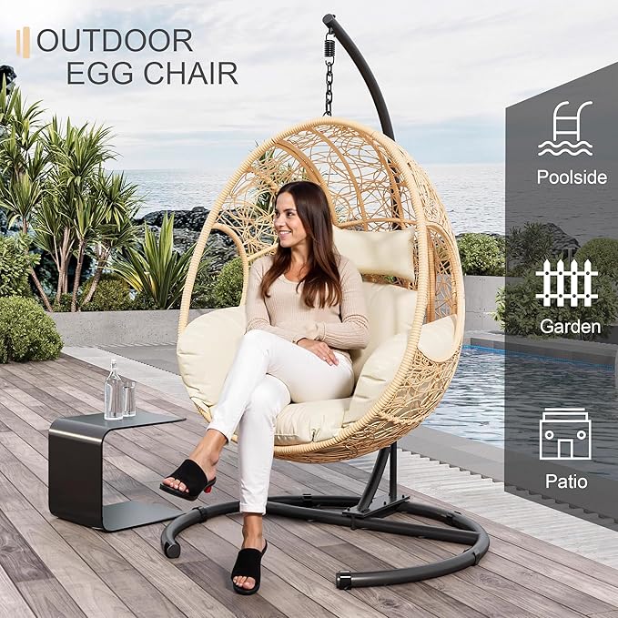 Oversized Hanging Egg Chair Set of 2 Outdoor Indoor, Wicker Swing Egg Chair with Stand 400lbs Capacity for Bedroom, Patio, Garden and Balcony