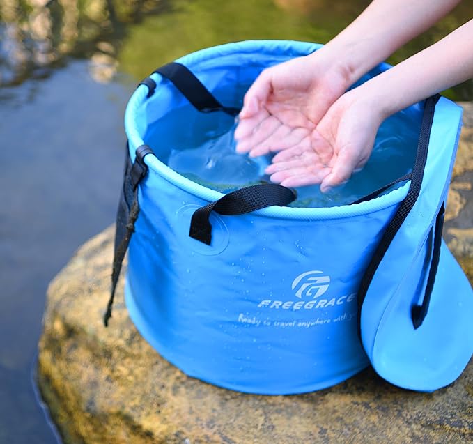 Premium Collapsible Bucket by Freegrace - Compact Portable Folding Water Container - Lightweight & Durable - Includes Handy Tool Mesh Pocket