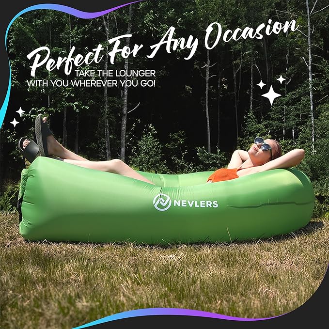 Nevlers Inflatable Lounger | 210T Polyester Inflatable Chair | No-Pump Blow Up Couch | Camping Couch Air Sofa Bed w/ 450 lbs. Cap., Pockets & Matching Bag | Use as Inflatable Couch for Adults & Kids