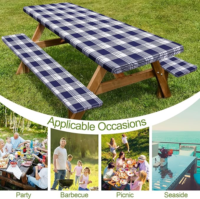 Picnic Table Cover with Bench Covers Camping Essentials Waterproof Windproof Camping Tablecloth with Drawstring Bag, Fitted Rectangle Tables and Seats, 96in, Blue Checkered