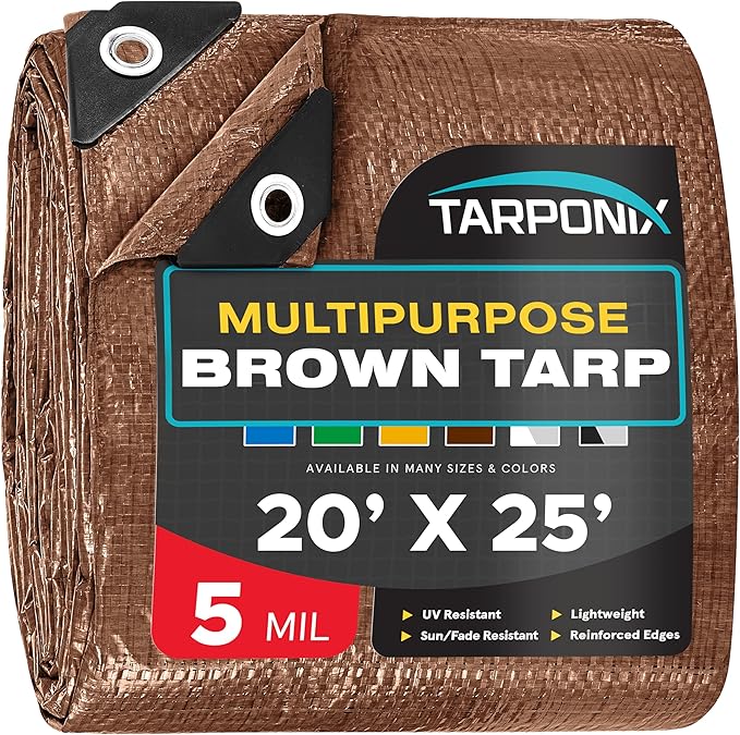 Brown Poly Tarp 20’ x 25’ – Lightweight 5 Mil Waterproof Cover – Durable, Weatherproof, Multipurpose Protection for Camping, Roofing, Construction