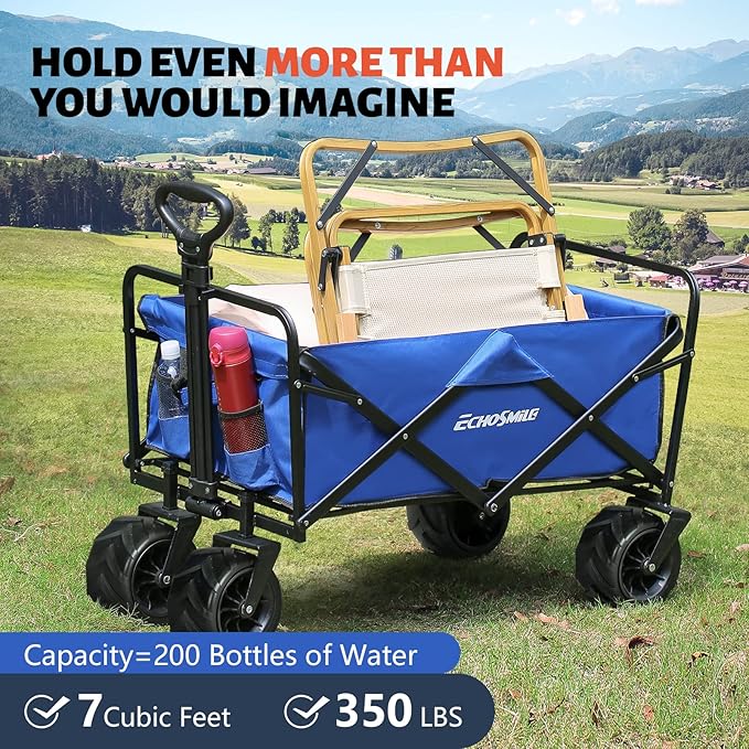 EchoSmile Heavy Duty 350 Lbs Capacity Collapsible Wagon, Outdoor Folding Camping Wagons, Grocery Portable Utility Cart, Adjustable Rolling Carts, All Terrain Sports Wagon with Big Wheels by Boahaus