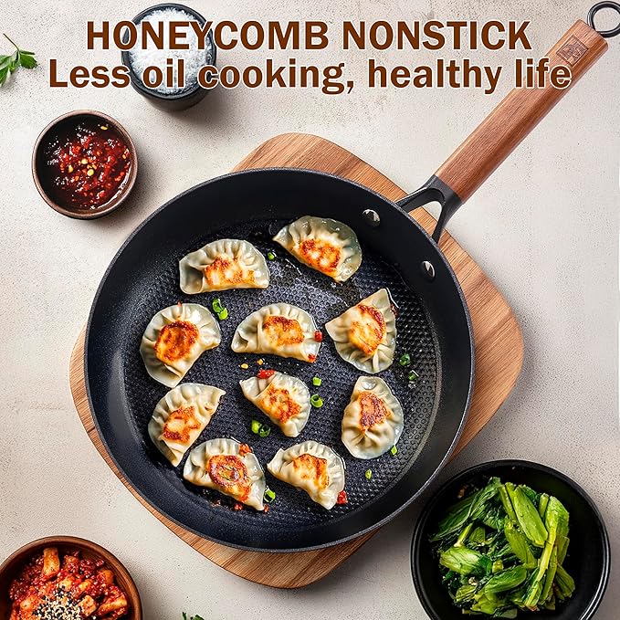 DM Cast Iron Skillet, 12 Inch Nonstick Frying Pan with Detachable Acacia Wooden Handle, Honeycomb Non stick Omelet Egg Pan, Easy Clean Oven Safe Pans for Cooking