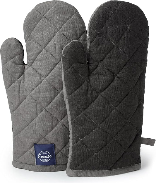 Encasa XO Heat Resistant Cotton Oven Gloves Mitts (2 Pc Set) - Quilted & Safe 12x7 in - for Kitchen, Cooking & Baking, Grilling, Handling Hot Pots & Pans - Grey