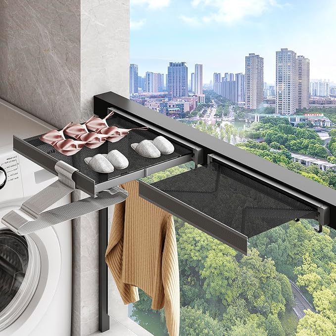 Wall Mounted Drying Rack with Net - Laundry Drying Rack for Shoes, Socks, Underwear - Folding, Retractable, Collapsible