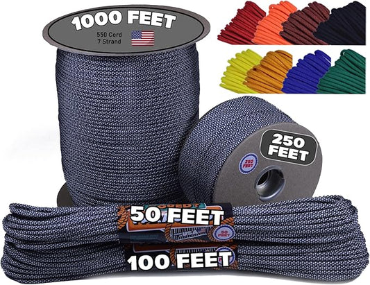 BORED? PARACORD! 550 lb Paracord - Ideal for Crafting, Camping, DIY Projects, Active & Military Outdoors - Strong Survival Rope - Tactical Parachute Cord Type III - Silver Diamonds 1000 Feet
