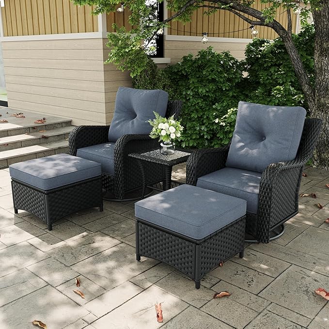 5 Pieces Outdoor Patio Furniture Sets with Rocking Swivel Chairs with 6-inch Thick Cushion and Side Table for Deck Lawn