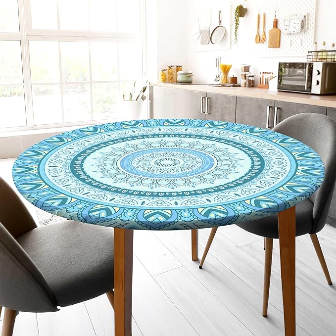 Round Tablecloth Fitted Elastic Table Cover Waterproof Table Cloth for Dinner, Party, Picnic,Camping, Round Table Cover for Indoor Outdoor